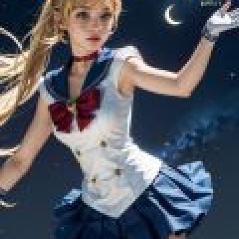 月光仙子，一位身穿胸前印有字母 M 的服裝的年輕女士。