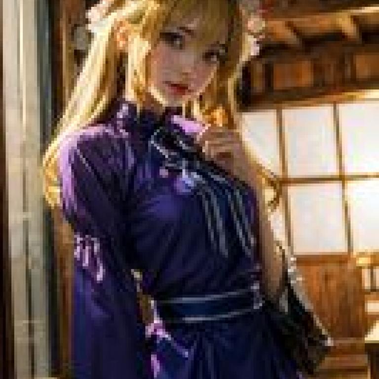 手機桌布，Yukari Yakumo 八雲 紫 東方，寫實，一個穿著紫色和藍色洋裝的女孩站在窗前。