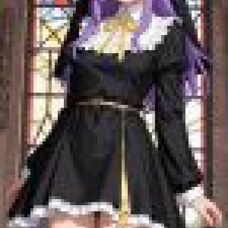 充滿活力的服裝，紫髮修女，頭髮上戴著黃色花朵。
