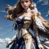 手機桌布，Cloche Leythal Pastalia Ar Tonelico 魔塔大陸2，寫實，一個穿著金色和藍色連身裙的女孩。