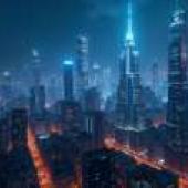 城市夜景，城市天際線被藍色的燈光點亮。