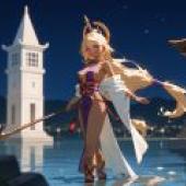 埃及風性感女神，一名身穿紫色連身裙的女子手持一根桿子。