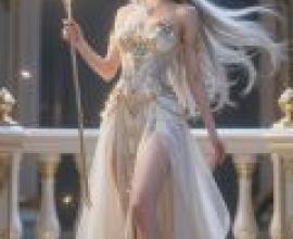 Goddess s Grace，A woman in white dress and blue jewelry with long blonde hair， holding a golden object.