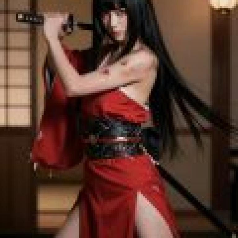 Ancient Japanese female assassin，A woman with long black hair is posing as a warrior.