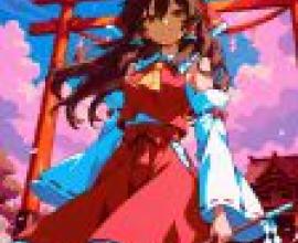 Reimu Hakurei，Girl holding sword wearing red with bow.
