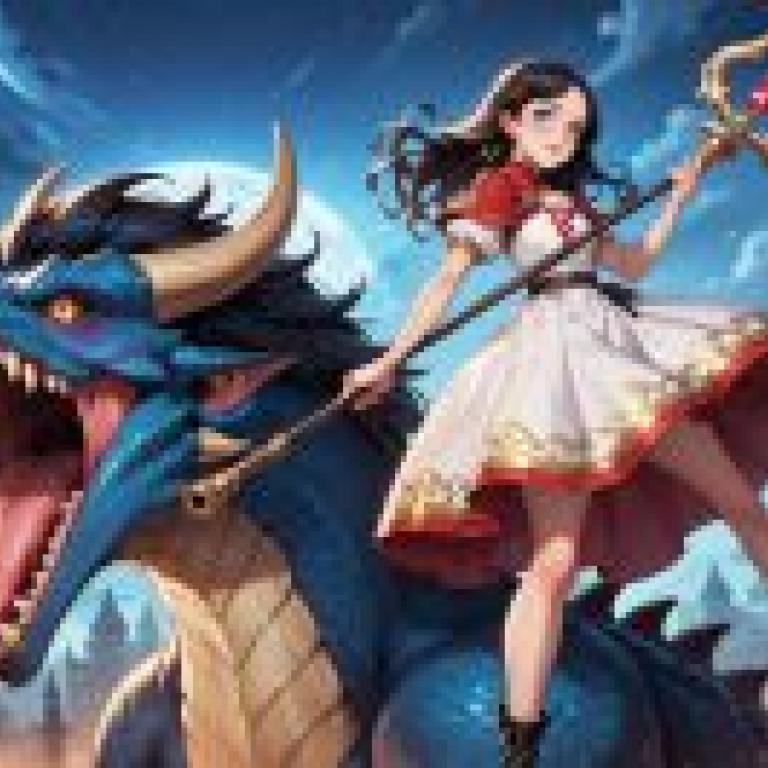 dragon girl，肩扛物品的少女站在龍前。