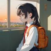 Past travels，a girl with a brown backpack looking out the window.