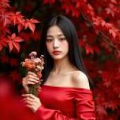 紅色夢，一名身穿紅衣的女子手捧花束。