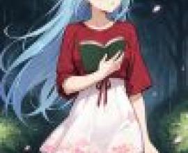 Aqua konosuba，一位身穿藍色連身裙和紅色襯衫的女孩拿著一本打開的書。