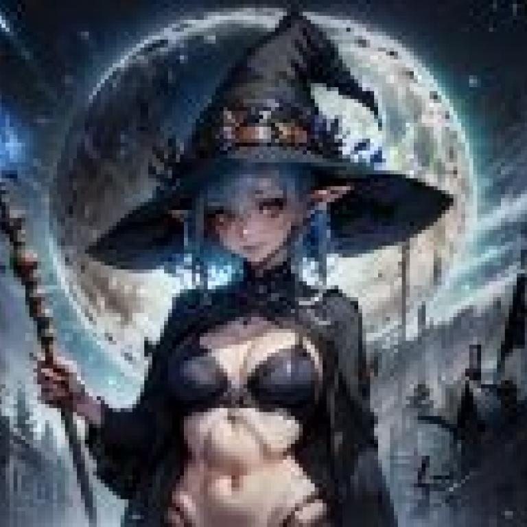 Black Witch，A girl with blue hair and a witch hat holding a magic wand.