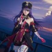 Chevreuse 3rdA girl in a costume with red and gold accents and blue hair.