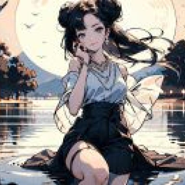 月下美人，一個女孩坐在水邊。