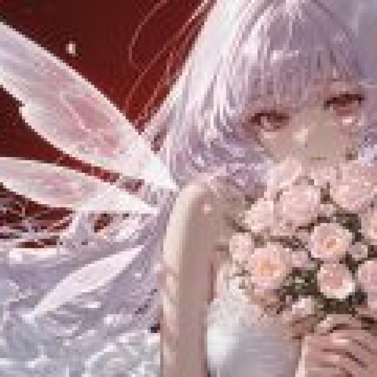 Rose Angel，A woman with wings holding flowers.