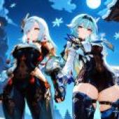 eula shenhe genshin impact，Blue hair anime girl with white hair anime girl.