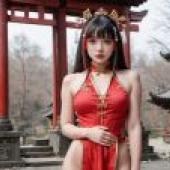 性感中國女孩，一位身穿紅色洋裝、戴珠寶的女子站在日本神社下。