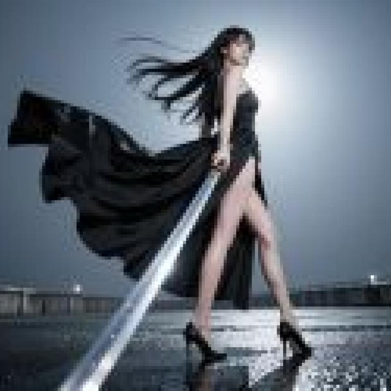 夜之戰士，一位長著黑髮、身穿洋裝和高跟鞋、手持寶劍的女子。