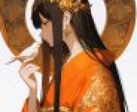 Japanese kimono clad beauties，Japanese woman in gold earrings and an orange kimono.