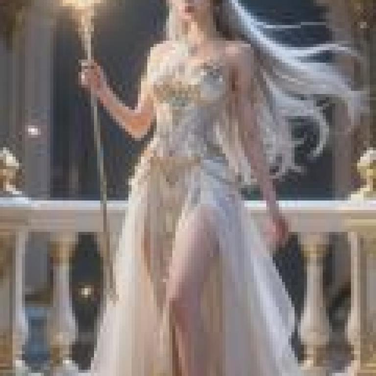 Goddess s Grace，A woman in white dress and blue jewelry with long blonde hair， holding a golden object.