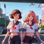 Two Anime Girls Strolling Down a Street with Cars  Plane in the Sky - Artgerm's Aesthetic Anime Art Painting