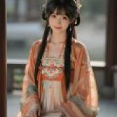 Ancient beauties in dreams，A woman is wearing an orange dress with red flowers on the side.