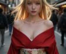Ancient Fantasy，Japanese woman in red dress looking up.