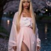 Experience Chinese culture，Model in a pink dress stands in the water.