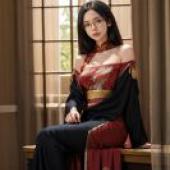 身著傳統服飾的DRLLA女性坐在木凳上。