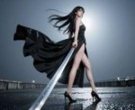 夜之戰士，一位長著黑髮、身穿洋裝和高跟鞋、手持寶劍的女子。