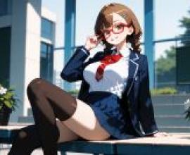 Misaki Sakimiya Anilist，一位戴眼鏡的女人坐在桌上。