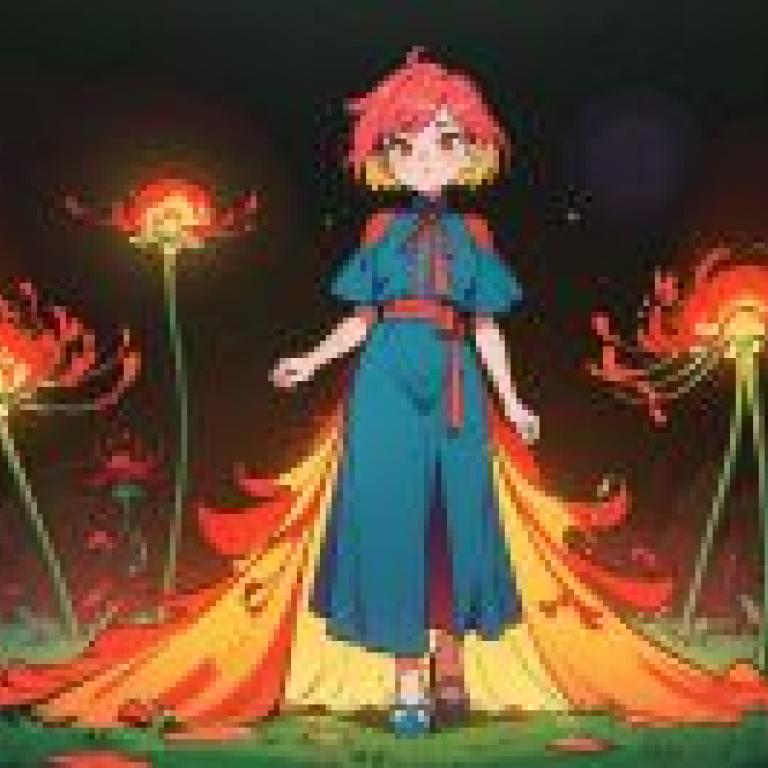 彩色，紅髮、穿著藍色連身裙的卡通女性。