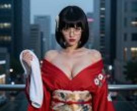 Street photography，Asian woman with red dress holding a towel.