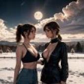 Free Download of Beauty Desktop Wallpaper: Romantic Snowy Moonlight with Ai-Mitsu and Sakimi Chan