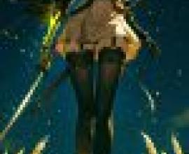 female assassin，A woman in the night sky holding a sword with two swords behind her.