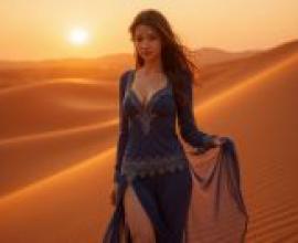 Desert FantasyA woman wearing blue dress with silver design and standing in the middle of dunes.