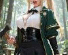 可愛的女孩，一個穿著戲服、張著嘴拿著斧頭的女孩。