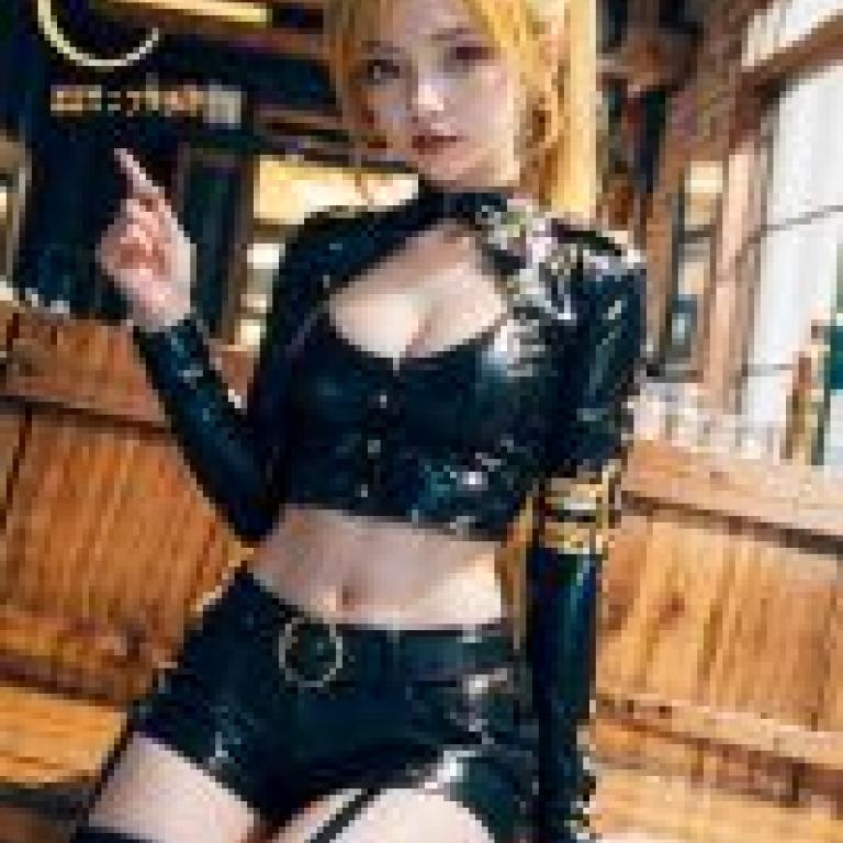手機桌布，Juno Emmons，少女咖啡槍，寫實，一位身穿皮衣的女子正坐著。