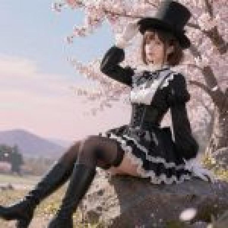 Special Costume Zinnia，A girl in a dress and hat sits on a rock by cherry blossom trees.