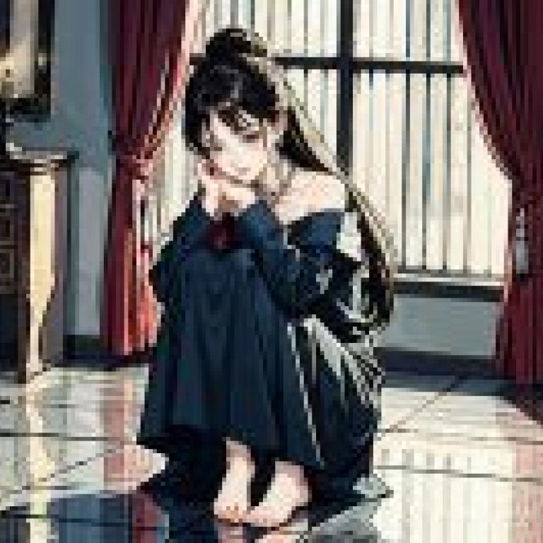 The beauty in the sad castle，Girl with long dark hair sitting on the floor looking at something.