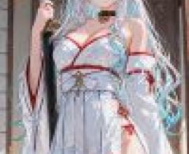 Battle Witch，A woman with blue hair， white dress and red trim.