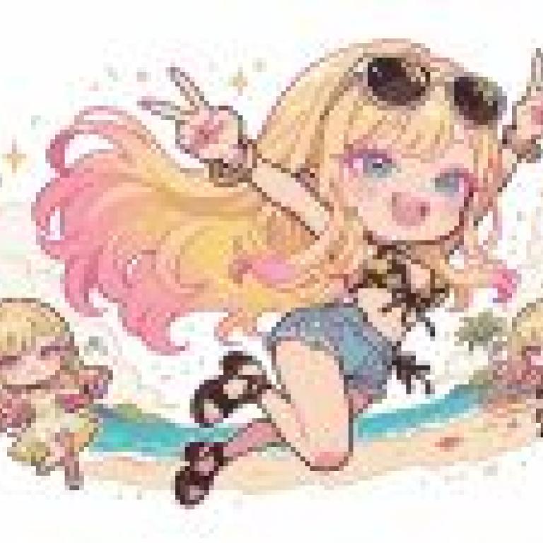 chibi，Cartoon girls flying on beach.