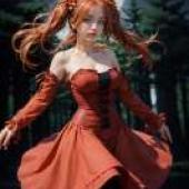 Natalie，史詩戰鬥幻想，一位穿著紅色連身裙、頭髮染成紅色的年輕女子。