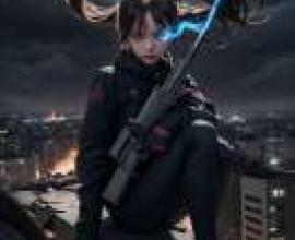 black Rock Shooter，Girl with gun on rooftop overlooking city at night.