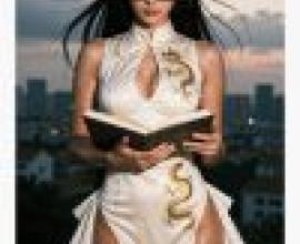 girls，A woman in a white dress reads a book while wearing glasses.