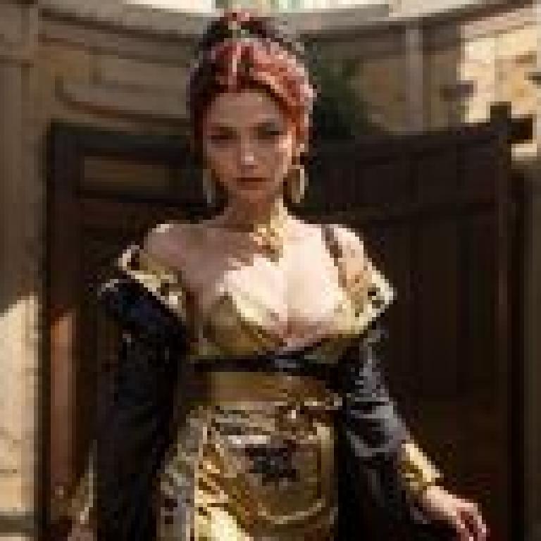 Golden skirt women stand in front of the door， tablecloth free download gorgeous house for free