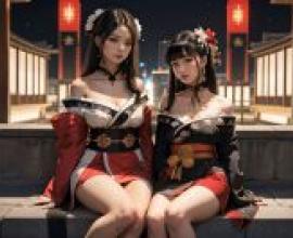 和服城夜魅：城市長凳上的和服女子，桌布免費贈送，夢幻之夜
