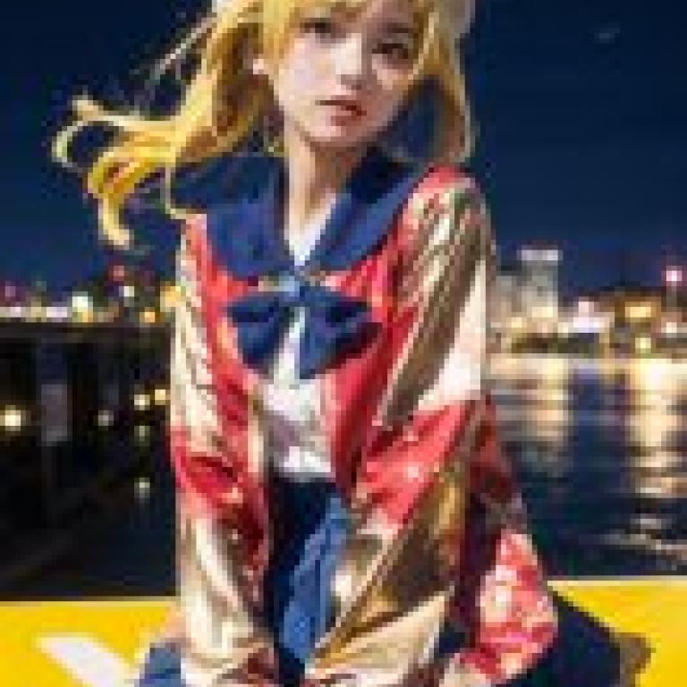 Mobile wallpaper，Hayu Nukui， 贯井はゆ，realistic，A girl sits on the yellow railing in front of the city skyline at night.
