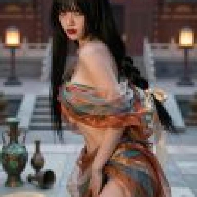 風格測試：身著傳統服飾的女子手持花瓶和扇子擺姿勢拍照。