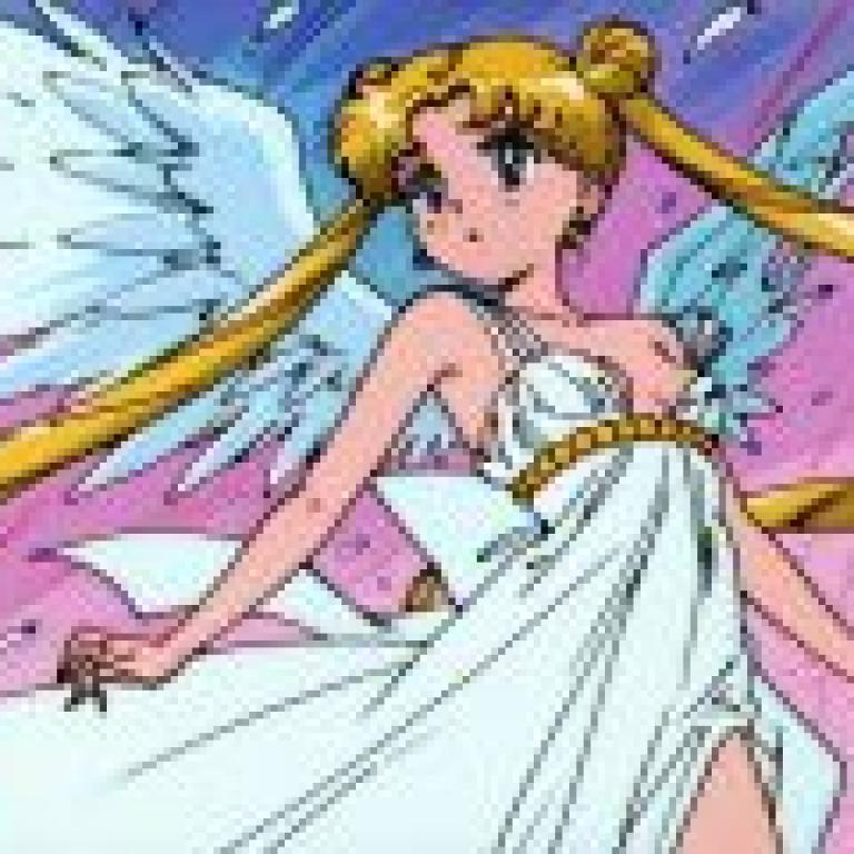 水手月亮 月野兔，一張有著金色頭髮和藍色眼睛的女性天使的卡通圖片