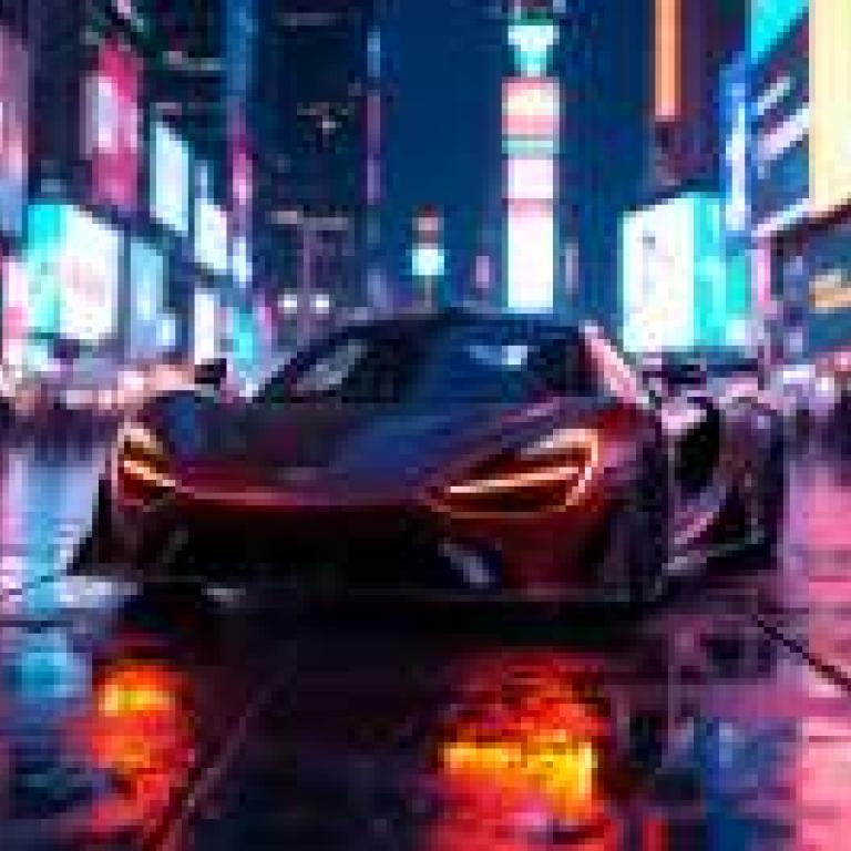 夜色中，一輛紅色跑車在街上行駛，車燈閃爍。