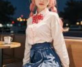 Tamamo JK Fate Extella，戴著粉紅色蝴蝶結的藍頭髮女孩。